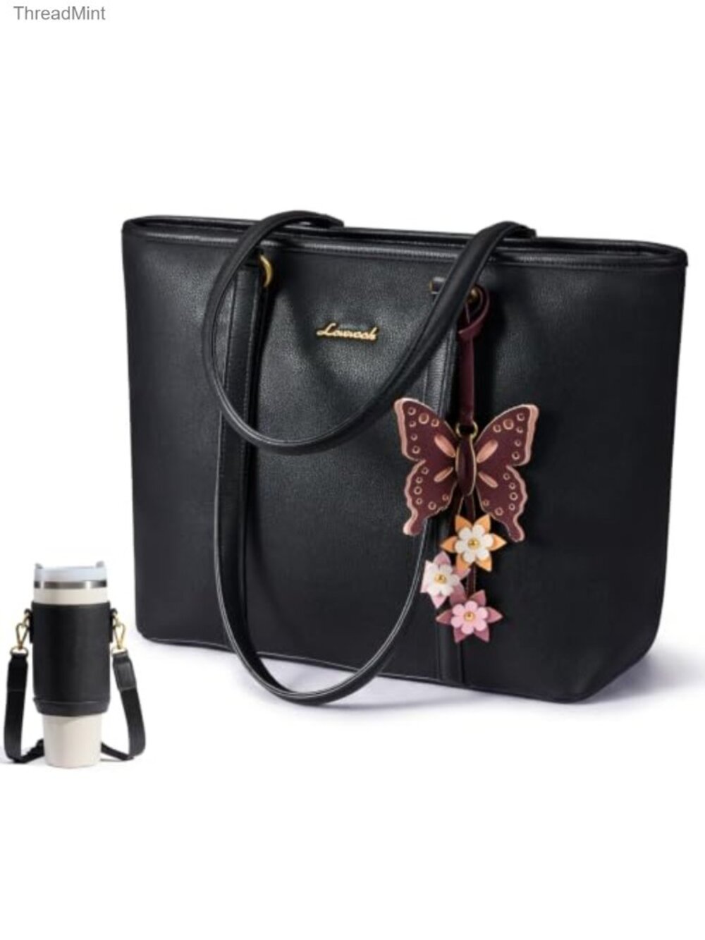 Vegan Leather Tote Bag with Butterfly Pendant, Detachable Crossbody Strap